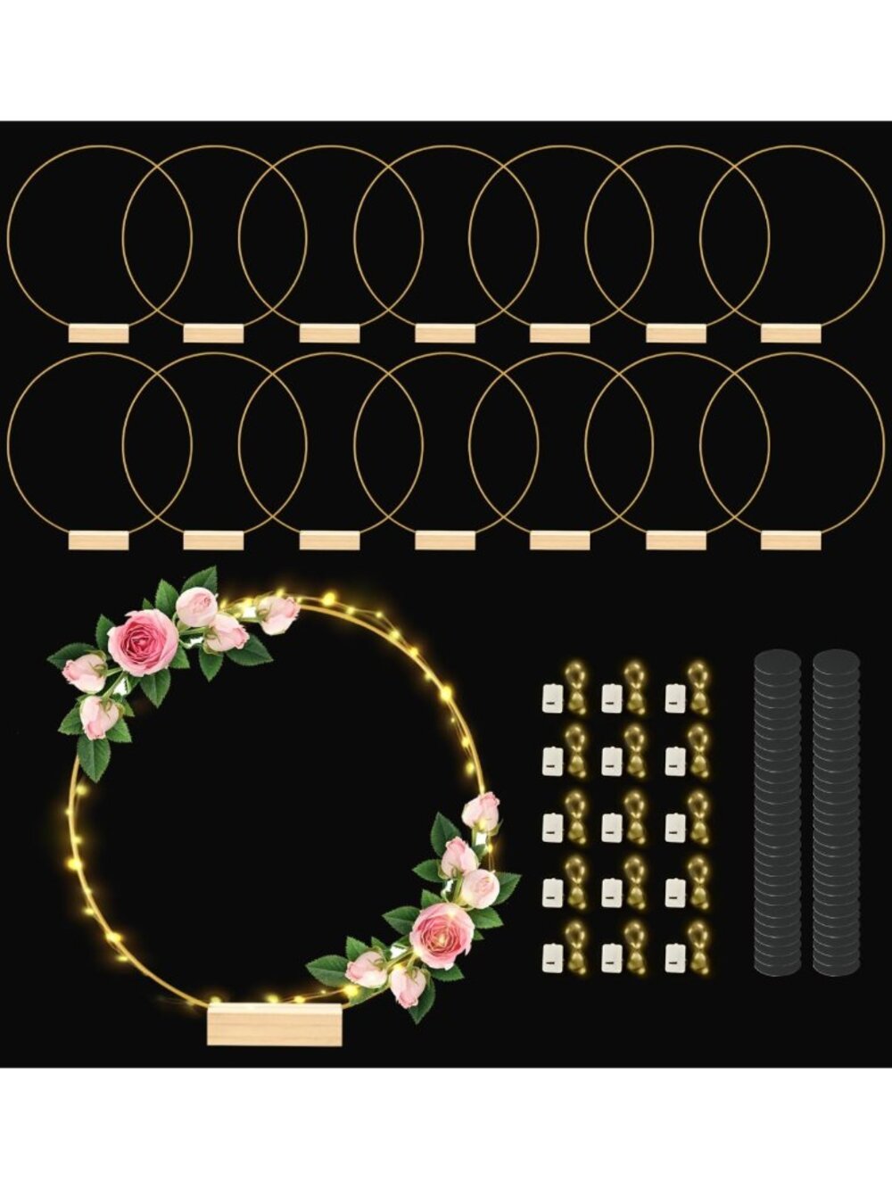 12-Inch Metal Floral Hoops with Wood Stands & LED Fairy Lights for Weddings